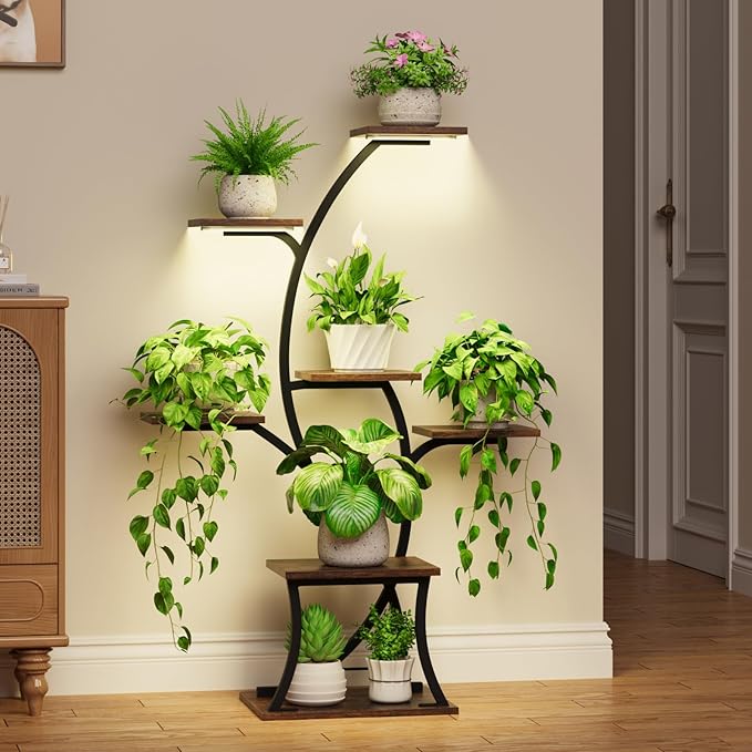 Plant Stand Indoor with Grow Lights - 7 Tiered Indoor Plant Shelf, 44" Corner Plant Stands for Indoor Plants Multiple, Metal Plant Shelves, Curved Plant Holder Rack for Living Room, Patio, Balcony
