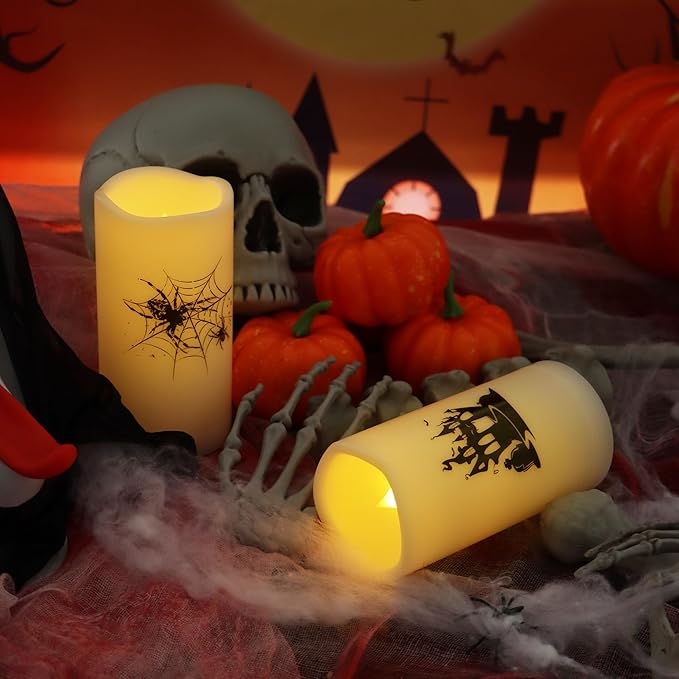 Halloween Outdoor Battery Operated Flameless Pillar Candles with Auto Daily Timer Waterproof Realistic Flickering Electric LED Lights with Spider Castle Decals Halloween Decorations 2 Pack 3X6”