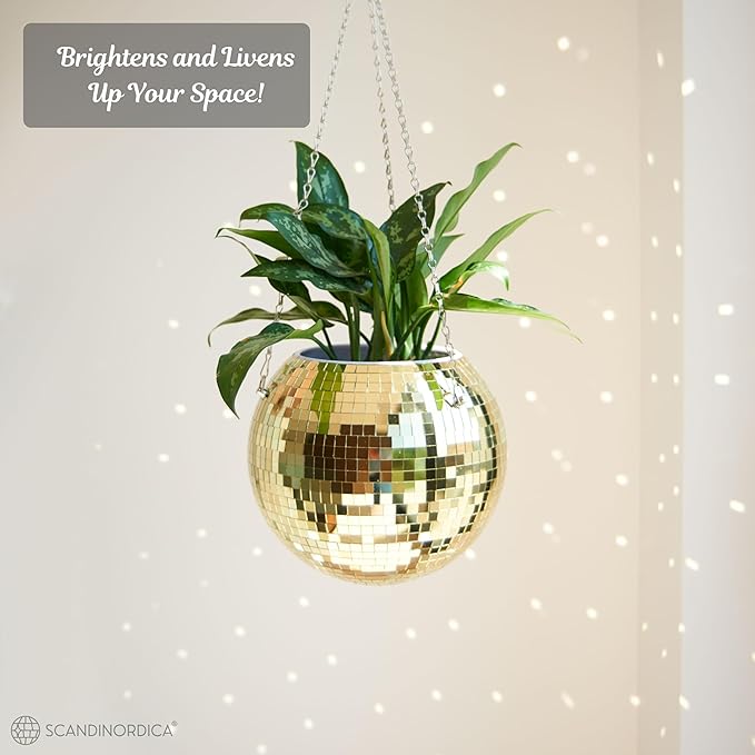 SCANDINORDICA Disco Ball Planter – Value Package: Mirror Disco Planter with Chain, Macrame Hanger and Acrylic Stand for Desk, Includes Self Watering Pot, Plant Accessories | 10 inch Gold