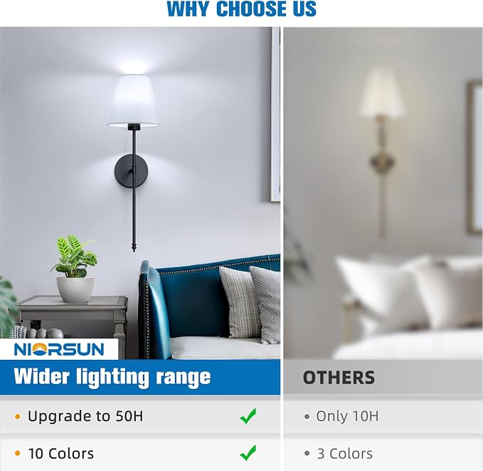 NIORSUN Battery Operated Wall Sconce Set of 2, 10 Colors Wireless Wall Lamps - Image 8