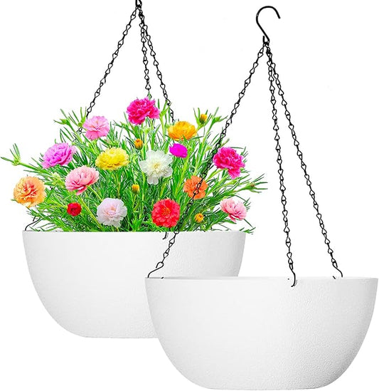 WOUSIWER 13 inch 2Pack Large Hanging Planters for Outdoor Indoor Plants with Drainage Holes and Chain, Round Hanging Flower Pots for Garden Home Porch Decor, White