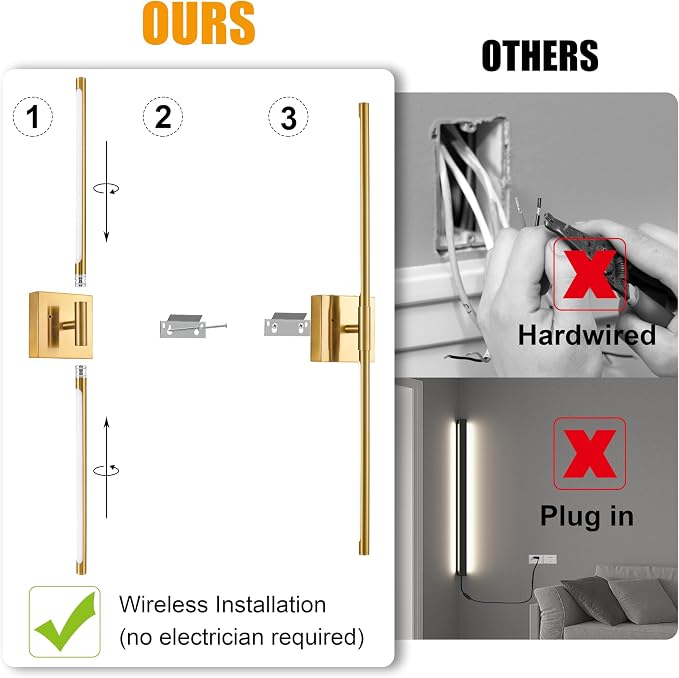 Morauroral 40″ Gold Battery Operated Wall Sconces Set of Two, Dimmable Wall - Image 6
