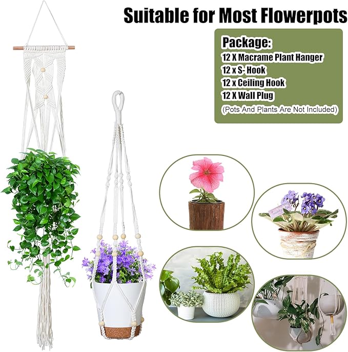 Hoteam 12 Pcs Macrame Plant Hangers Macrame Hanging Planters for Indoor Plants Handmade Boho Hanging Baskets Flower Pots Holder for Outdoor Home Wall Decor