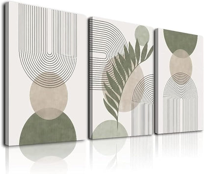Sage Green Boho Wall Art Set of 3, Minimalist Framed Wall Art Geometric Line by KBKBART