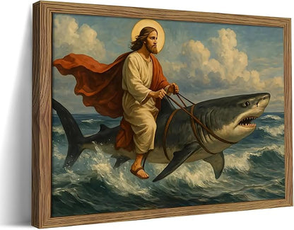 Framed Jesus Riding a Shark Wall Art, Humorous Christian Canvas Print, Fun by Unknown