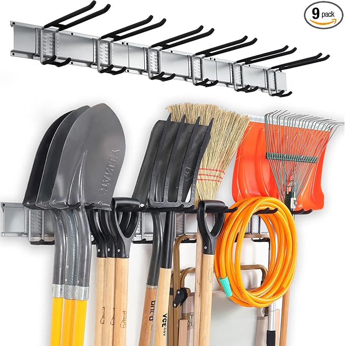 Wall Mount Tool Storage Rack, Heavy Duty Garage Organizer, Garden Hooks and Hangers, Hold Up to 350lbs Grey AK806