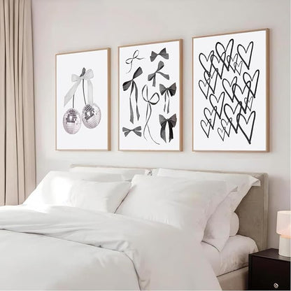BOKPEN 3pcs Black and White Trendy Preppy Wall Art Bows Disco Ball Many Heart - Image 5