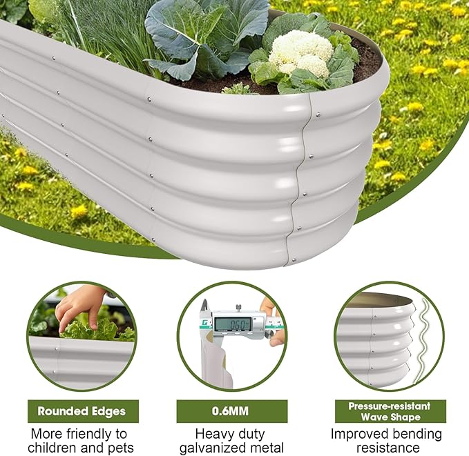 8x2ft Oval Galvanized Raised Garden Bed Kits 16" Tall Outdoor Large Metal Modular Planter Box 9-in-1 Raised Beds for Gardening,Vegetables,Fruits,Flowers & Herbs (White)