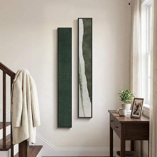 Long Narrow Framed Green Vertical Abstract Wall Art Set, 2 Piece Modern Canvas - Image 2