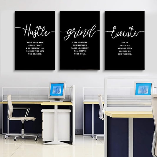 Hustle Quotes Execute Prints, Framed Canvas Wall Art Success Quote, Office Wall - Image 2
