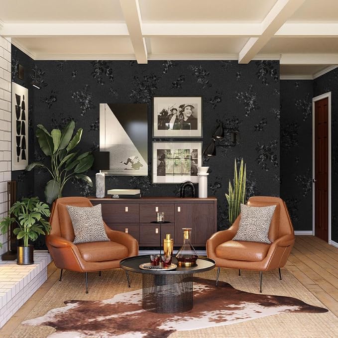 Black Peel and Stick Wallpaper 118inL 17.7inW Black Silk Embossed Floral - Image 4
