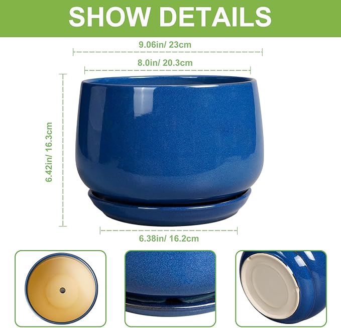 G EPGardening Ceramic Pots for Plants, 9 Inch Modern Round Planter with Drainage and Tray Indoor Outdoor for Flower, Patio Decor, Housewarming Gifts, Blue