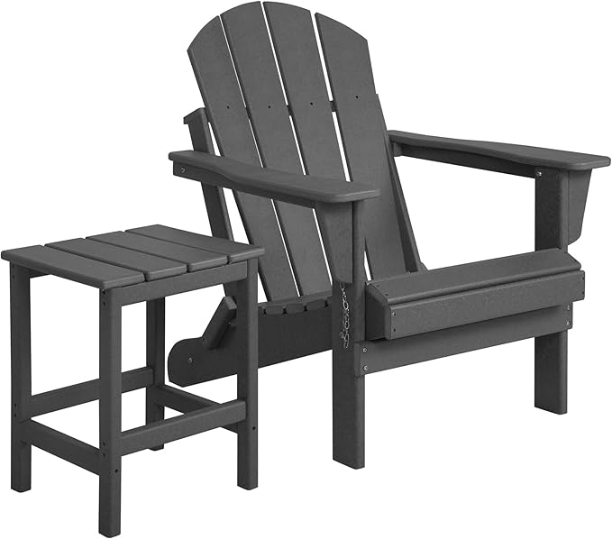 WO Home Furniture Adirondack Chair Table Set of 2 PCS Outdoor Folding Chair w Side Table Weather/UV Resistant for Lawn, Garden, Bon Fire, Balcony (Grey)