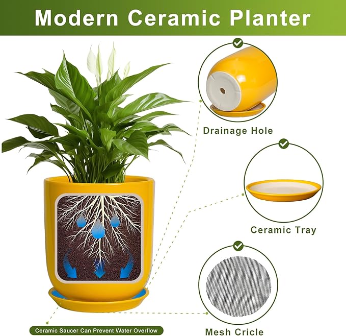 12 Inch Pots for Plants - Ceramic Planter for Outdoor Plants Large Plant Pot Indoor with Drainage Hole Modern Flower Pot for Home Patio Office Decor Yellow