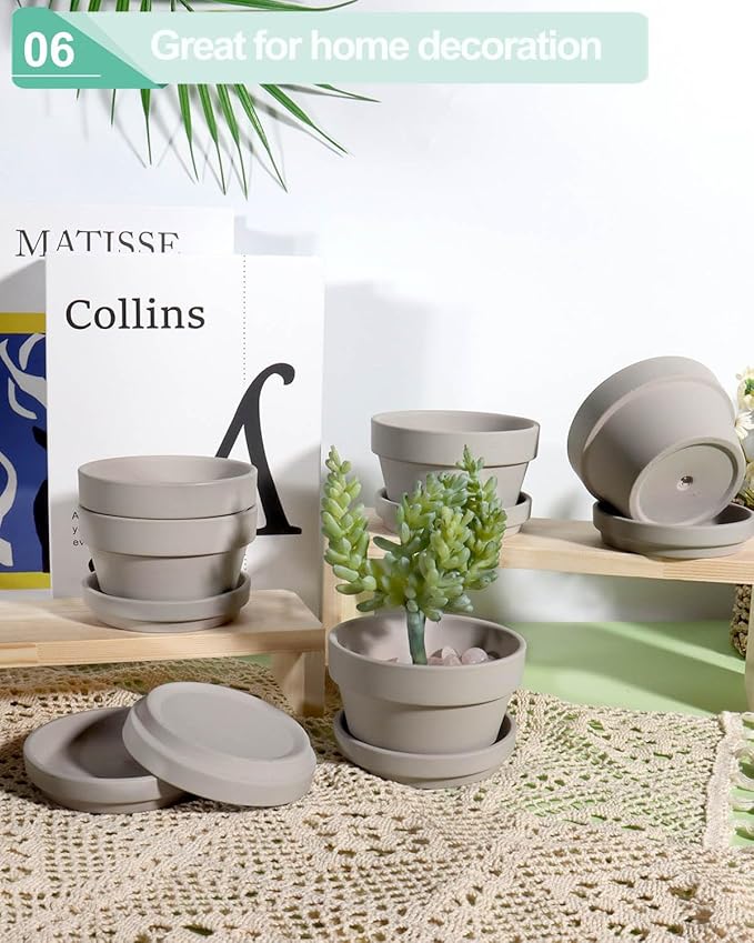 vensovo 3.7 Inch Grey Terracotta Shallow Succulent Pots - 6 Pack Terra Cotta Clay Pot with Saucer, Cacuts Indoor and Outdoor Planters with Drainage Hole