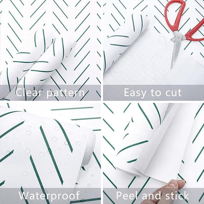 Erfoni Green and White Peel and Stick Wallpaper Herringbone Contact Paper - Image 6