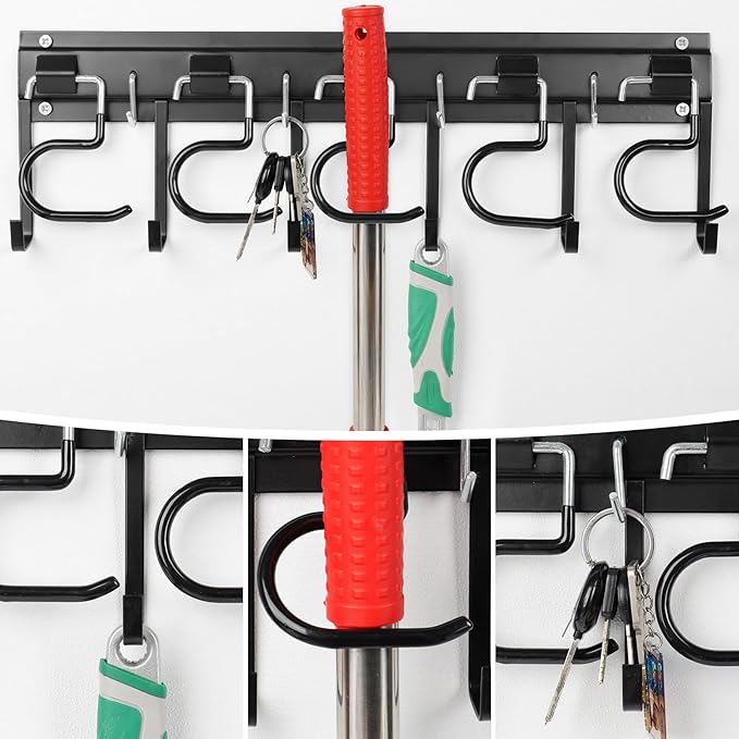 LEYU Metal Garage Tool Organizer Wall Mount, 4 Pack Garden Tool Organizer With Extension Cord Straps, Garage Organization Hooks and Hangers for Shed, Yard Storage, Wall Holder for Hanging Broom Mop