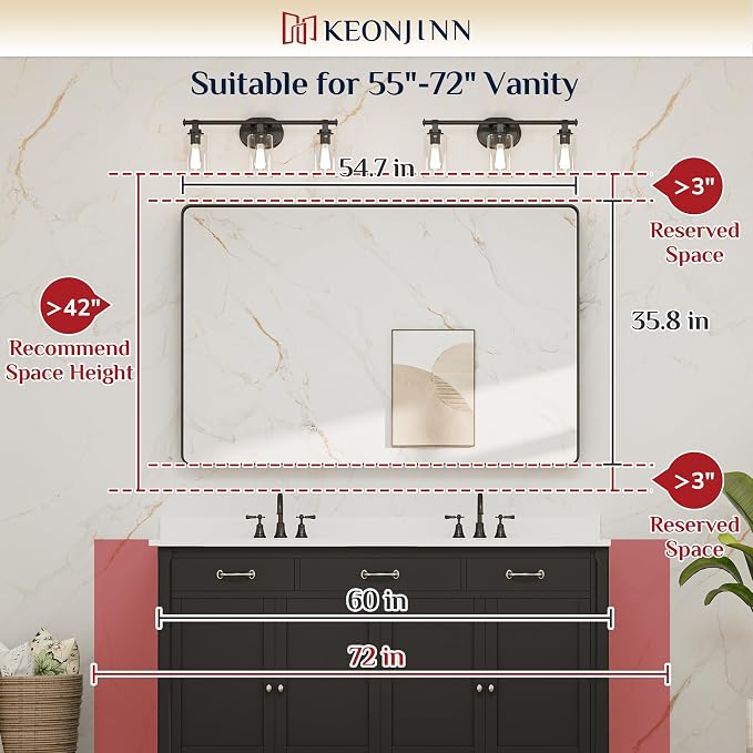 Keonjinn Black Bathroom Mirror 55 x 36 Inch Large Rounded Rectangle Mirror - Image 7
