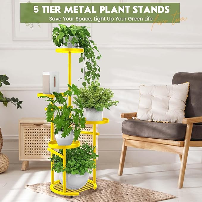 TOSKING 5 Tier Metal Plant Stand Indoor， Plant Shelf, Corner Shelf Flower Pot Stand for Outdoor Plant Stand for Living Room Balcony Garden Patio Bedroom (5Tier-37''-yellow)