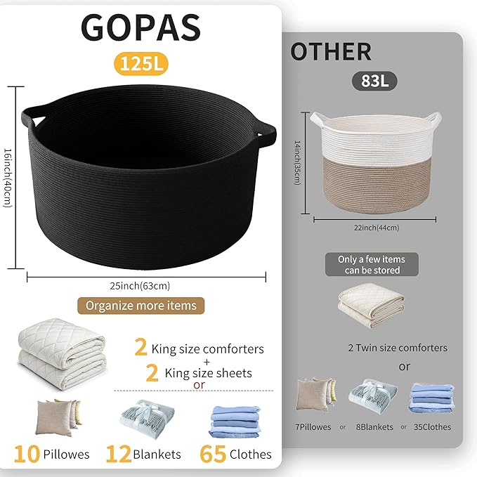 125L Extra Large Blanket Basket, 25" x 16", Jumbo Laundry Woven Baskets Decorative Home, Cotton Rope Basket with Handles, Baby Toy Baskets for Storage, Black, 2PC