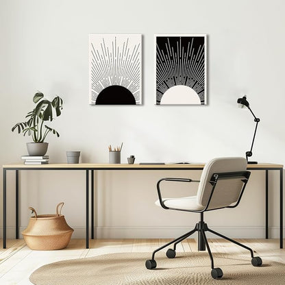 Hwetui Framed Boho Sun Wall Art Set of 2 Black and White Minimalist Sunrise - Image 4