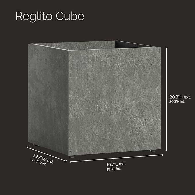 Reglito Cube Planter – Fiberglass Indoor/Outdoor and Weather-Resistant Large Planter (Grey Stone, 19.7" L x 19.7" W x 20.3" H)