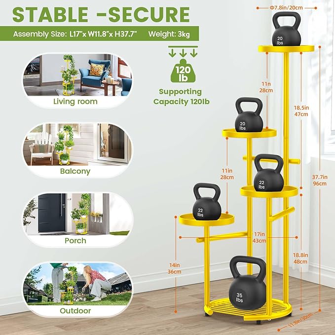 TOSKING 5 Tier Metal Plant Stand Indoor， Plant Shelf, Corner Shelf Flower Pot Stand for Outdoor Plant Stand for Living Room Balcony Garden Patio Bedroom (5Tier-37''-yellow)