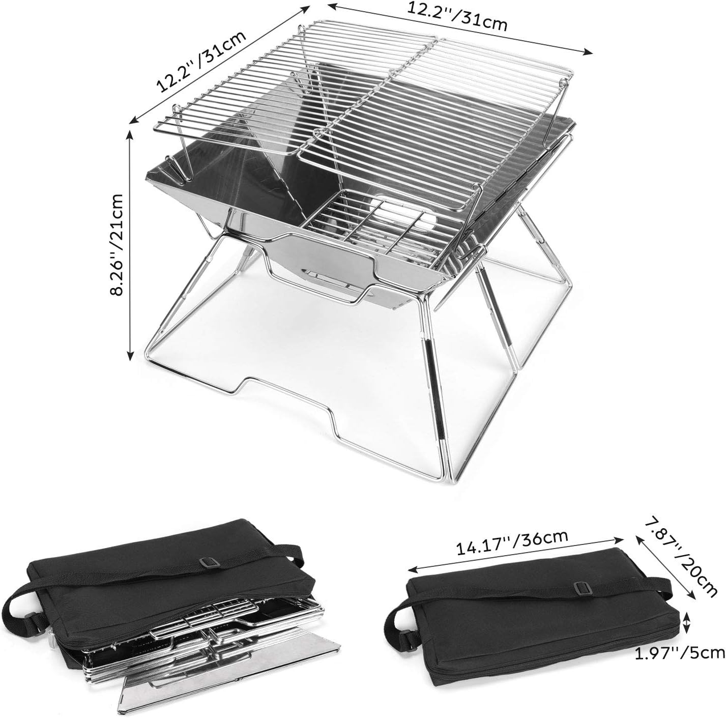 Odoland Folding Campfire Grill, 304 Stainless Steel Grate Barbeque Grill, Portable Camping Grill with Legs for Picnics, Backpacking, Outdoor with Carrying Bag and Kitchen Tongs