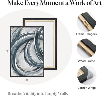 Framed Blue Gray Abstract Wall Art Set of 2, Modern Circle Line Canvas Artwork - Image 6