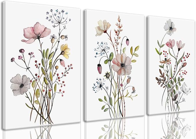 Bwodke Framed Wildflower Canvas Wall Art Pink Watercolor Botanical Floral by Bwodke