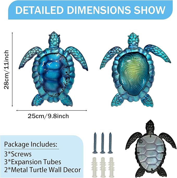 LIFFY Metal Turtle Wall Art Decor Ocean Wall Hanging Coastal Wall Sculptures Beach Theme Wall Decoration for Indoor Outdoor Bathroom Beach Garden Pool (10", 2 pcs)
