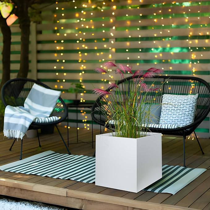 White Steel Planter Square Outdoor Planters Galvanized Steel Planter Box Indoor Metal Large Planters Cube Heavy Duty Flower Pot 24 Inch Modern Commercial Residential for Trees Patio Deck Yard Garden