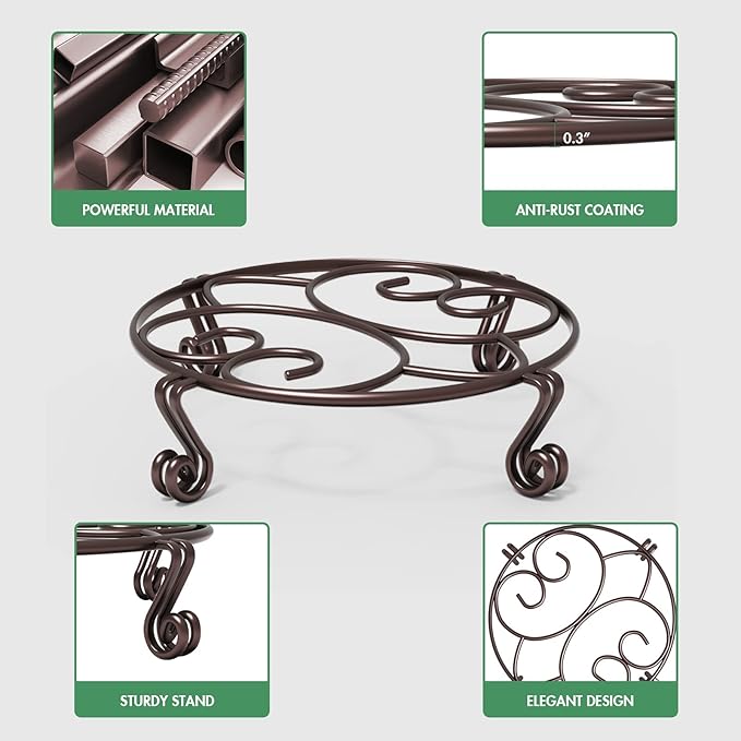 Yimobra 4 Pack Plant Stand for Flower Pot Heavy Duty Potted Holder Indoor Outdoor Metal Rustproof Iron Garden Container Round Supports Rack for Planter (4PC Brown 9.4 x 2 IN)
