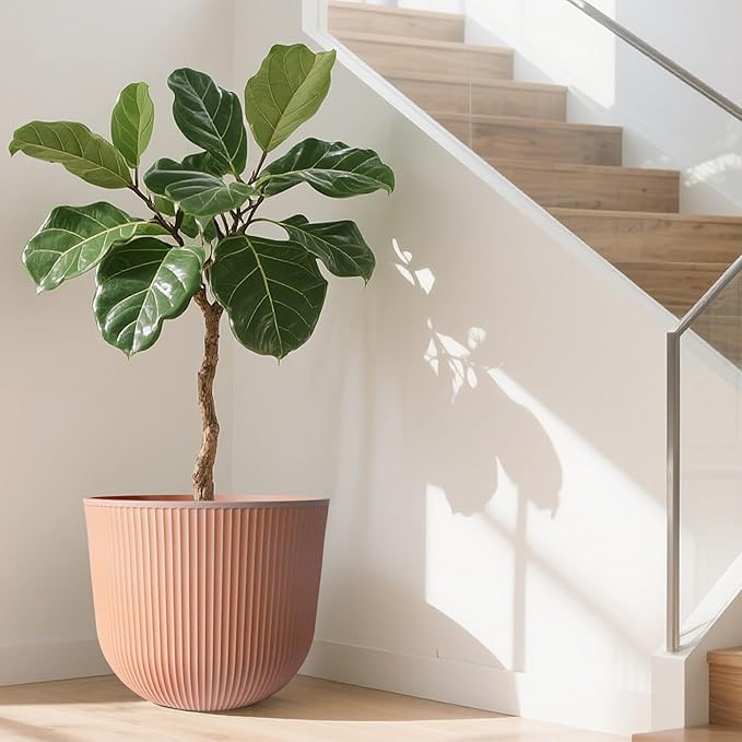 WORTH Garden Round Large Planter Pot 1-Pack, 17.5" Dia x 15.5" H - Durable Plastic Terracotta Plant Tree Pots with Vertical Stripe Textured Finish, Drainage Hole for Indoor Outdoor Front Porch Patio