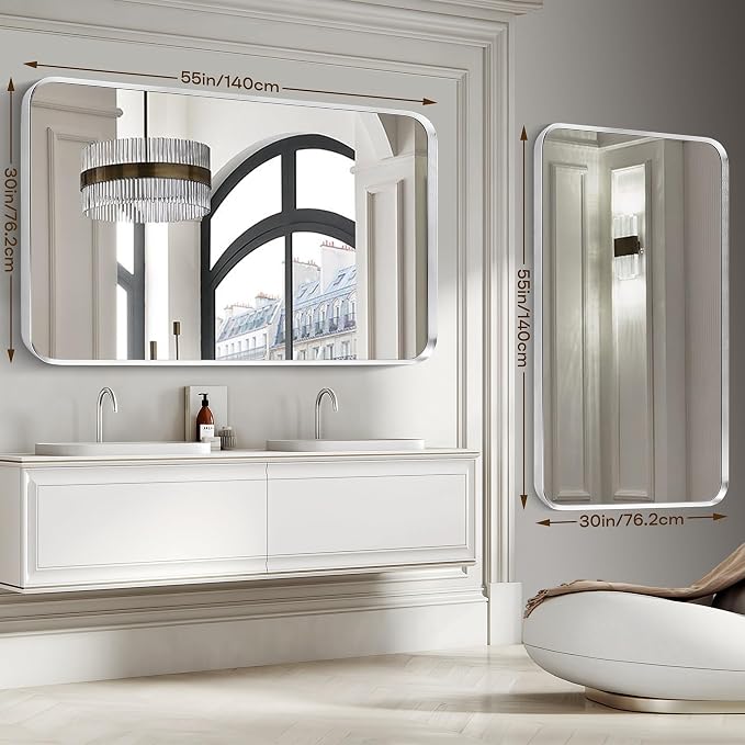 Brushed Nickel Bathroom Wall Mirror, Tempered Glass, Shatter Proof, Hangs - Image 3