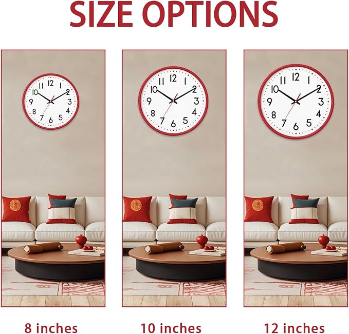 HZDHCLH Wall Clock Red, Silent Wall Clocks Battery Operated 10 Inch Modern Non - Image 3