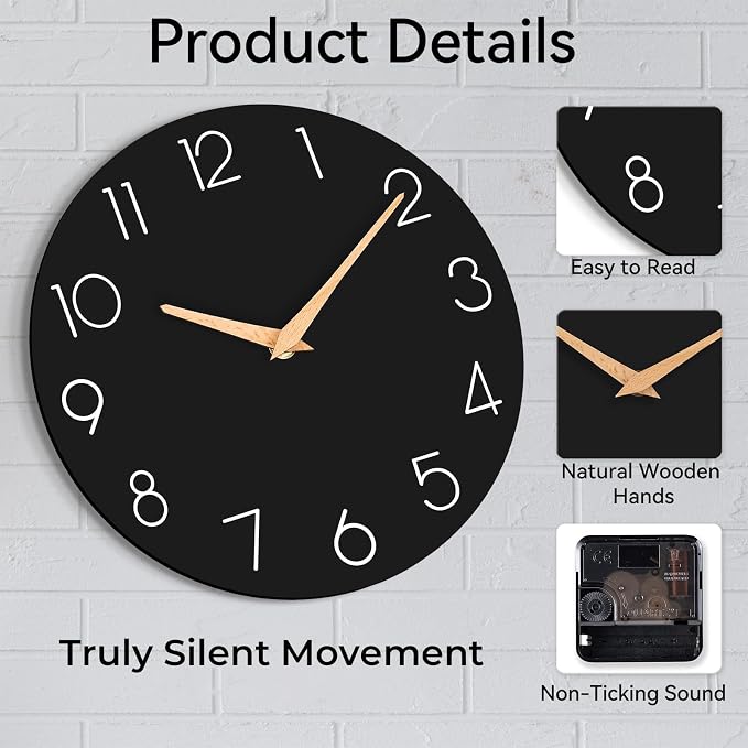 cicininc Wall Clock, 12 Inch Wooden Silent Non-Ticking, Decorative Battery - Image 4