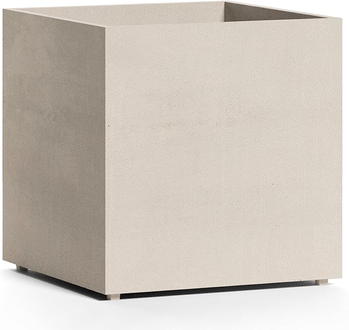 Reglito Cube Planter – Fiberglass Indoor/Outdoor and Weather-Resistant Large Planter (Sand Stone, 19.7" L x 19.7" W x 20.3" H)