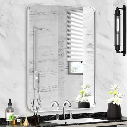 Wall Mount Mirror for Bathroom, Brushed Silver Metal Framed Rounded Corner by Minuover