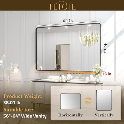 TETOTE 60 x 40 Inch Black Frame Mirror, Bathroom Vanity Mirror - Image 6