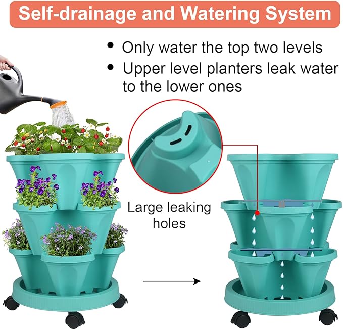 Vertical Planter 3 Tier Stackable Planters Garden Planters Strawberry Herb Flower and Vegetable Planter Indoor Outdoor Gardening Pots with Removable Wheels and Tools