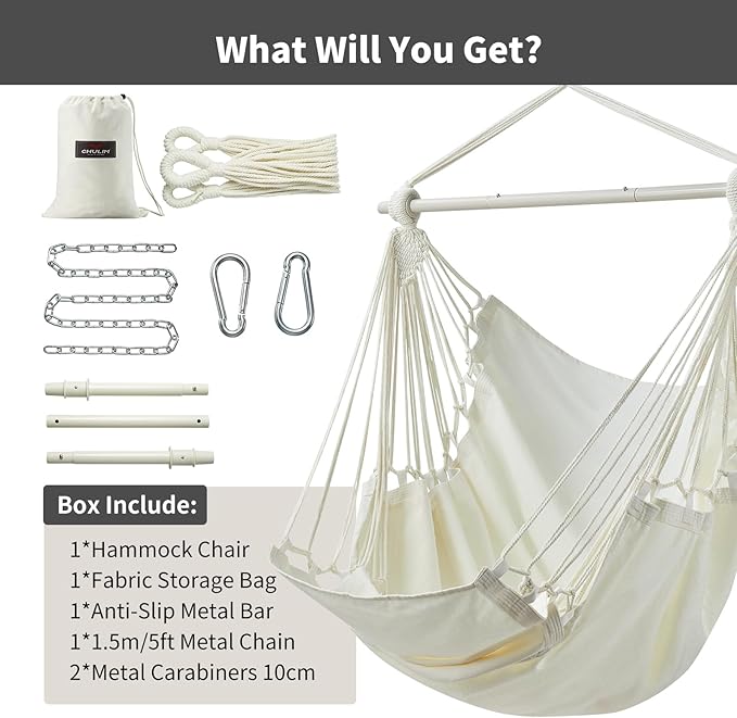 Hanging Hammock Chair Swing MAX 500 lbs Outdoor Hanging Chair with Footrest Indoor Swing Chair with Portable Steel Spreader Bar and Hardware Kit for Bedroom Living Room Patio Porch - White