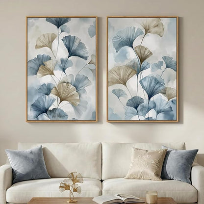 Large Framed Blue Botanical Wall Art Set of 2, Neutral Minimalist Canvas by Cuspin
