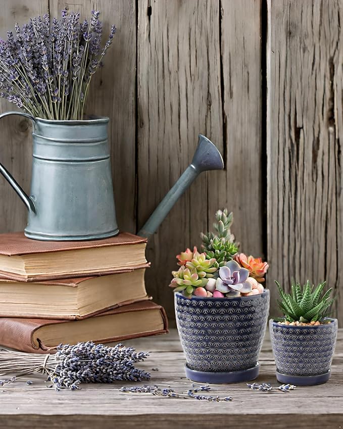 Plant Pots, Flower Pots, Planters for Indoor Plants(6.5+5.5inch), Flower Pots for Indoor Plants with Drainage Hole and Saucer, Ceramic Pots for Plants with Hole Mesh Pad,Reactive Glaze Blue