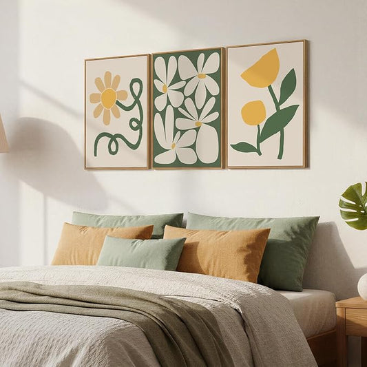 Framed Boho Abstract Wall Art Bedroom, 3 Piece Green and Yellow Mid Century - Image 2