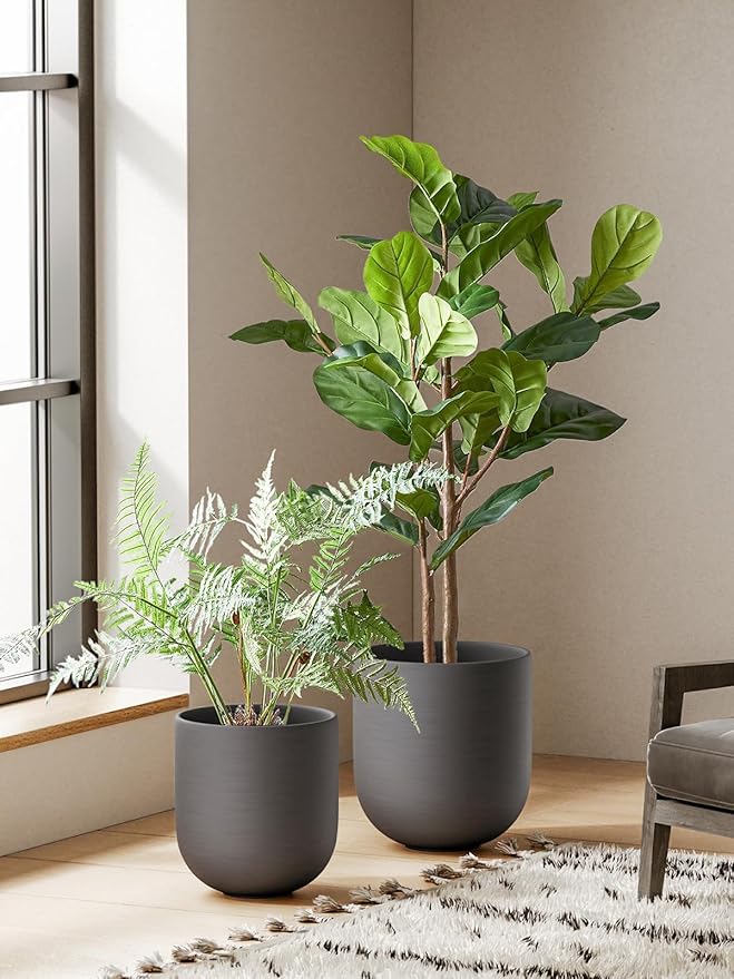 LE TAUCI 12 Inch Pots for Plants, Ceramic Large Planters for Indoor Plants, Indoor Plant Pots for Home Garden Patio Office, Big Planter Pots with Drainage Hole and Rubber Plug, Charcoal Gray