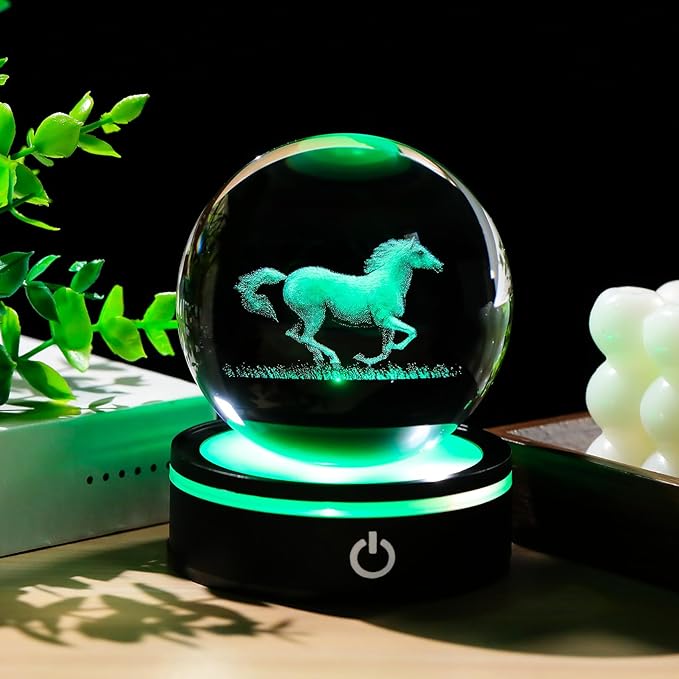 YWHL 3D Crystal Ball Horse Figurine with LED Base, Horse Gifts for Men Women Horse Lovers on Christmas Birthday, Horse Statue Glass Sphere Animal Decorative Ball for Home Decor (80mm)