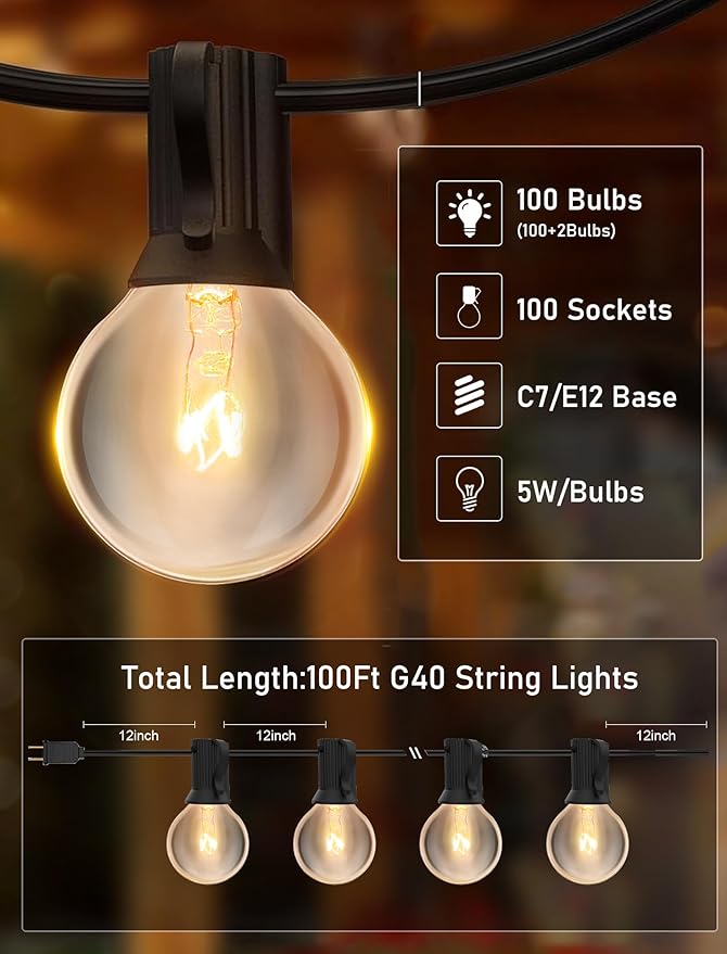 100FT String Lights, G40 Outdoor String Lights Edison Light Bulbs Clear Globe Lights for Backyard Patio Lights Indoor/Outdoor Commercial Decoration -5 Watt/120 Voltage/E12 Base -Black Wire