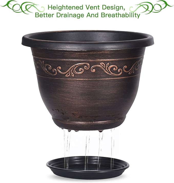 Plastic-Plant-Flower-Planters-8 Inch with Drainage Hole & Saucer, 6 Packs Lightweight Small Resin Flower Pot Indoor Outdoor, Retro Antique Imitation Decorative Garden Containers Sets for Houseplants