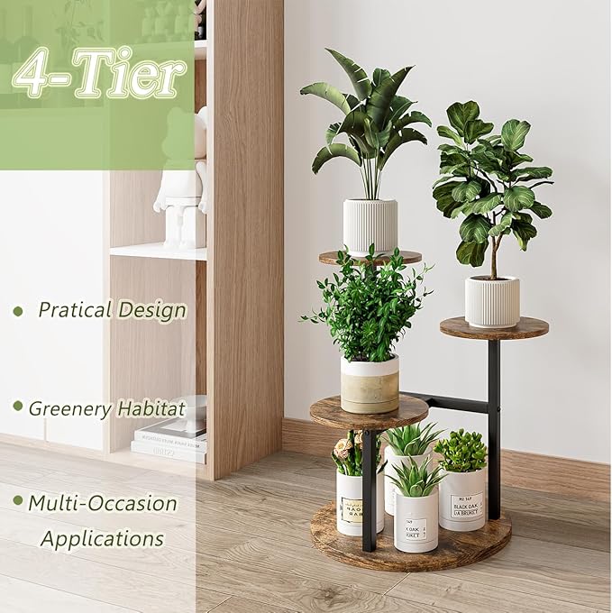Plant Stand Indoor 4 Tier 5 Potted Multiple Flower Pot Holder for Patio Garden Balcony Living Room Corner (4 Tier Black+Rustic Brown)